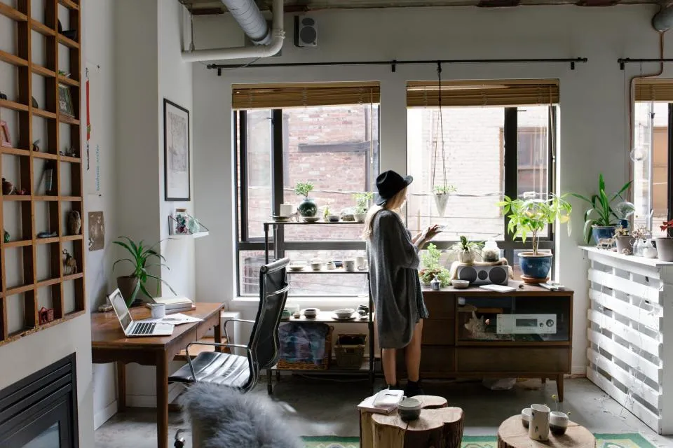 Bright, quiet practice office with a desk, bookshelves and indoor plants